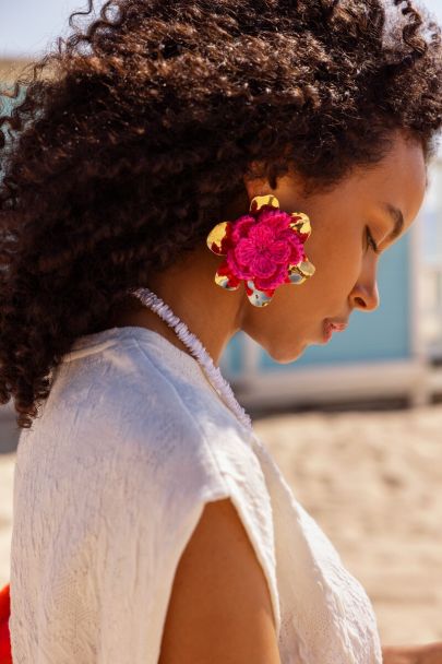 Boucles d'oreilles Tropical maxi fleur rose 