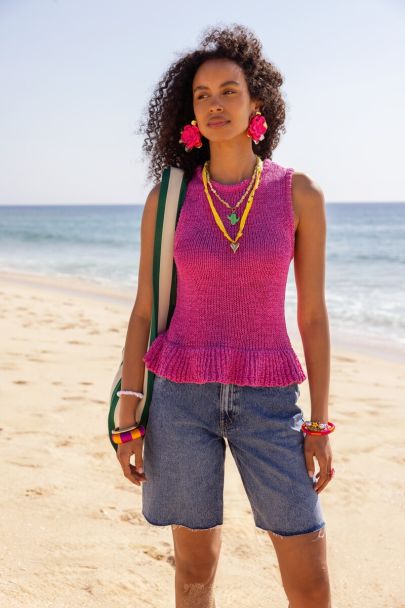 Top p&eacute;plum en maille rose 