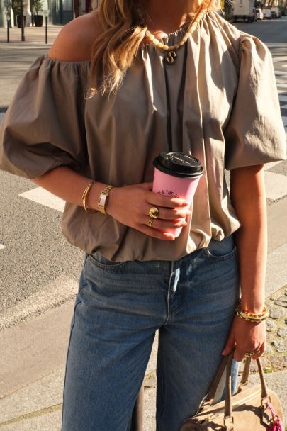Taupe one-shoulder top in ballon look