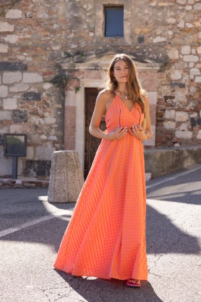 Oranje geruite maxi jurk
