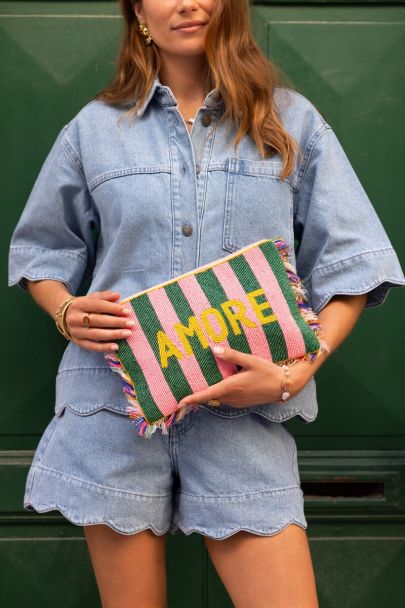 Pochette en perles fantaisie roses à rayures vertes "Amore"
