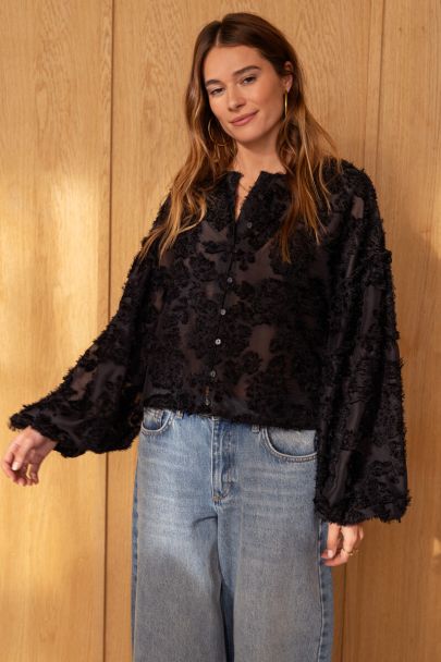 Top à manches longues en jacquard floral noir