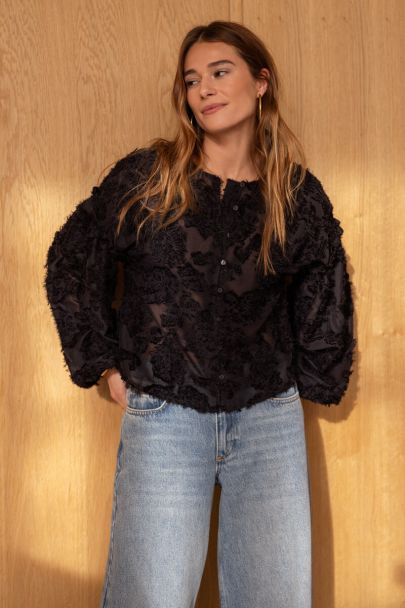 Top à manches longues en jacquard floral noir