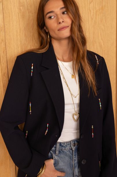 Dunkelblauer Blazer mit bunten Perlenfransen