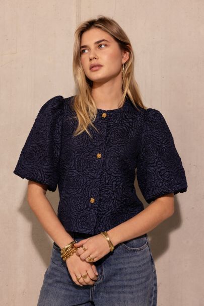 Dunkelblaues Jacquard-Top mit Rosen