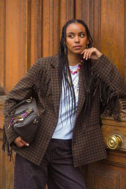 Blazer marron &agrave; carreaux avec franges