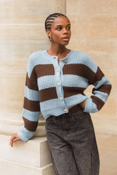 Blau gestreifter Cardigan mit Strassknöpfen