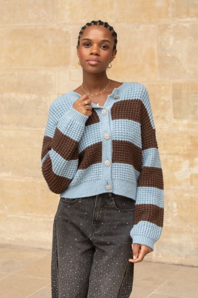 Blau gestreifter Cardigan mit Strassknöpfen