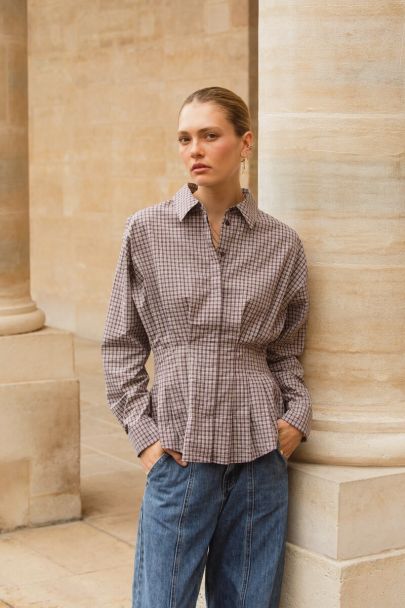 Brown checked blouse with rhinestones