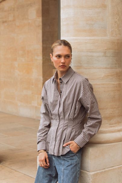 Brown checked blouse with rhinestones