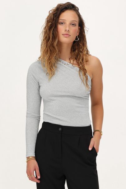 Top asym√©trique √† manche longue couleur argentée en lurex