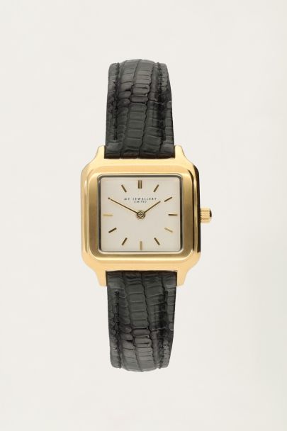 Square watch with black leather strap