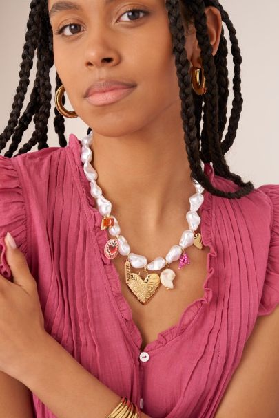 Statement charm necklace with faux pearls and hearts