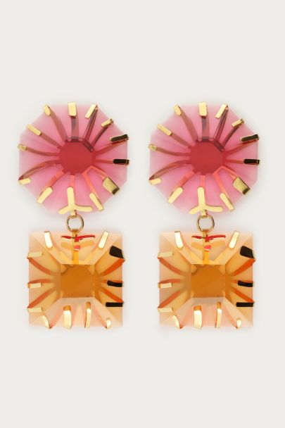 Statement oorhangers met roze en oranje stenen