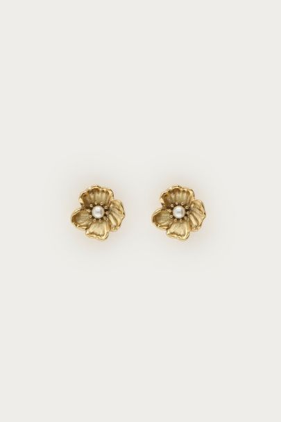 Studs with ranunculus flower and faux pearl