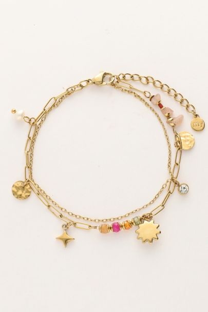 Bracelet double Sunrocks avec perles fantaisie multicolores et charm soleil