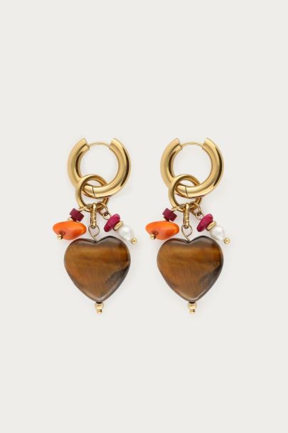 Boucles d&rsquo;oreilles Sunrocks coeur marron et perles fantaisie 