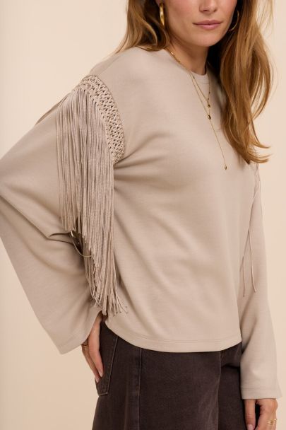 Sweat &agrave; manches longues taupe &agrave; franges