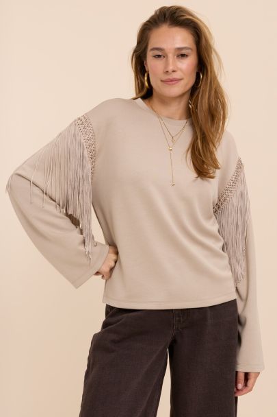 Sweat &agrave; manches longues taupe &agrave; franges