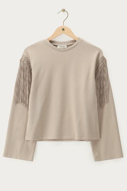 Sweat à manches longues taupe à franges