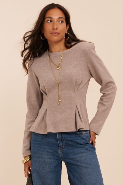 Taupe peplum top met lange mouwen