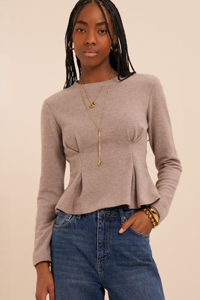 Top péplum taupe à manches longues