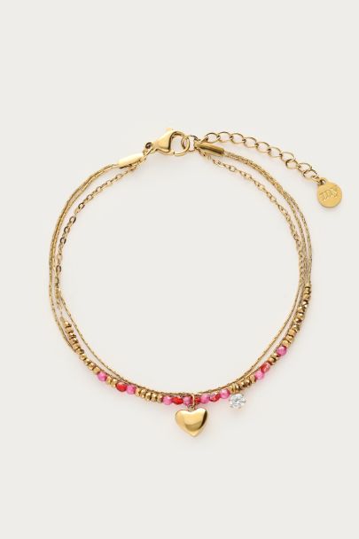 Triple bracelet with pink beads and heart