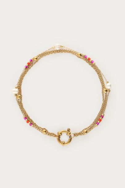 Sunrocks driedubbele armband met roze kralen & zoetwaterparels