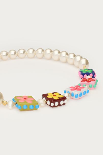 Tropical Kette mit Kunstperlen und viereckige Blumen