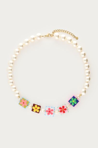 Tropical Kette mit Kunstperlen und viereckige Blumen