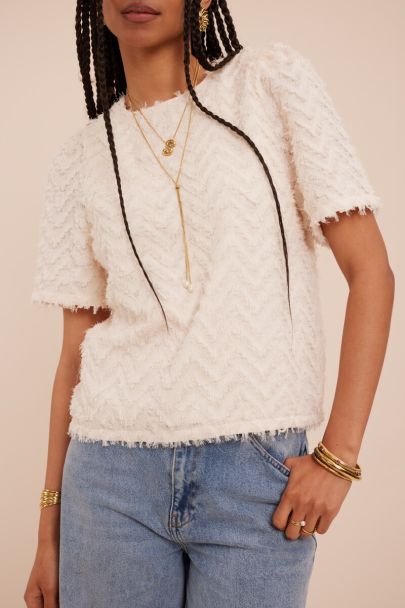 Witte harige jacquard top met korte mouwen