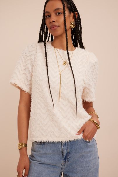 Witte harige jacquard top met korte mouwen