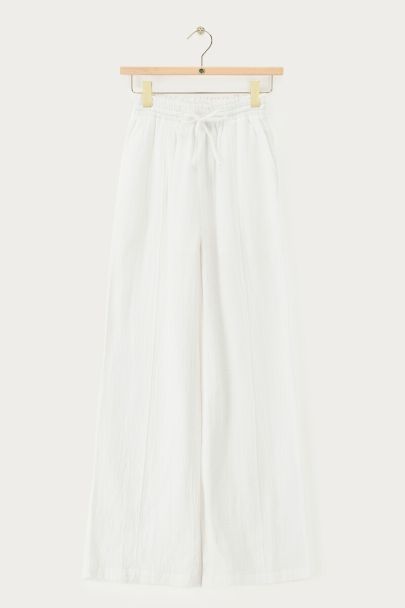 Witte mousseline wijde broek met pintuck