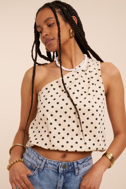 White polka dot one-shoulder top with balloon look