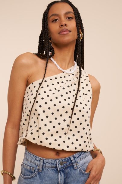 White polka dot one-shoulder top with balloon look