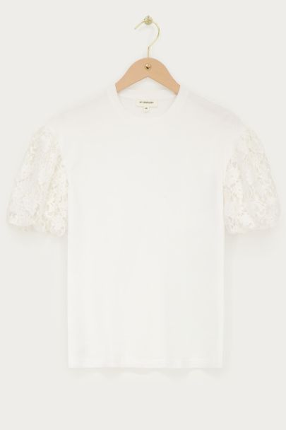 Weißes T-Shirt mit Spitzen-Puffärmeln