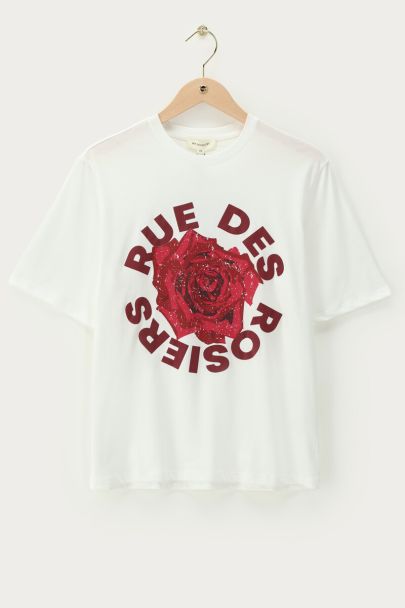 Wit T-shirt met roos "Rue des rosiers"