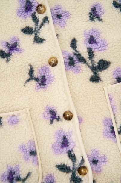 White teddy gilet with purple flowers