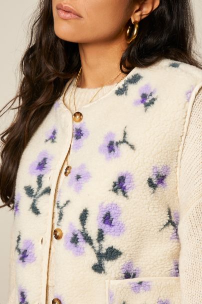 White teddy gilet with purple flowers