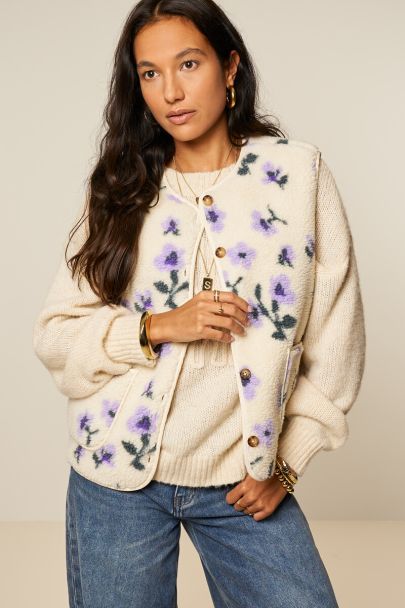 White teddy gilet with purple flowers