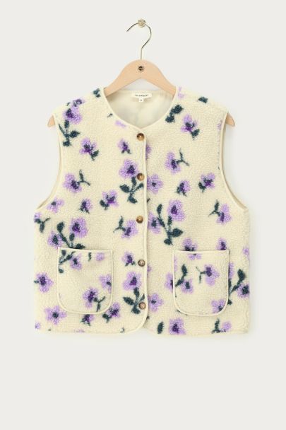 White teddy gilet with purple flowers