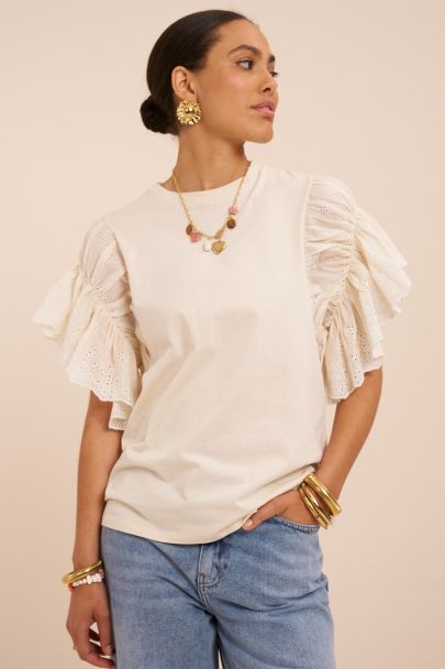 Witte top met embroidery en ruffle mouwen