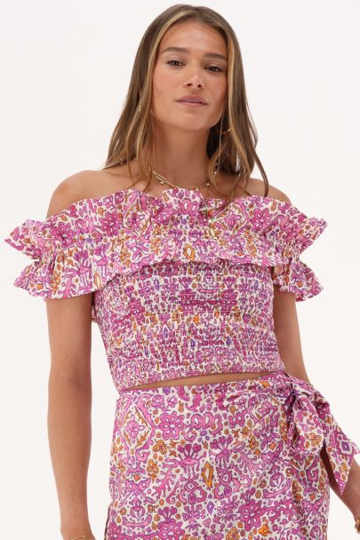 Witte top met roze & oranje bohemianprint