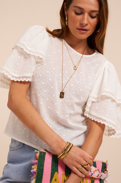 Top blanc &agrave; manches courtes avec doubles volants