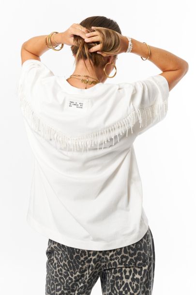 Wit T-shirt met imitatieparels franjes