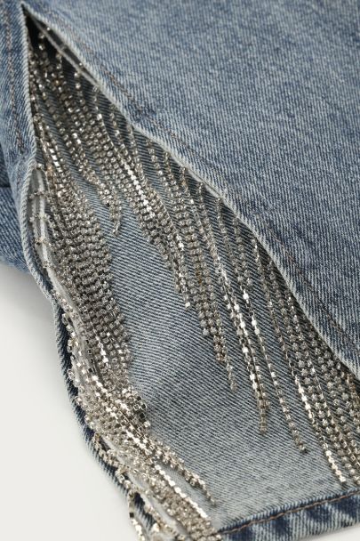 Blue wide leg jeans with rhinestone trims