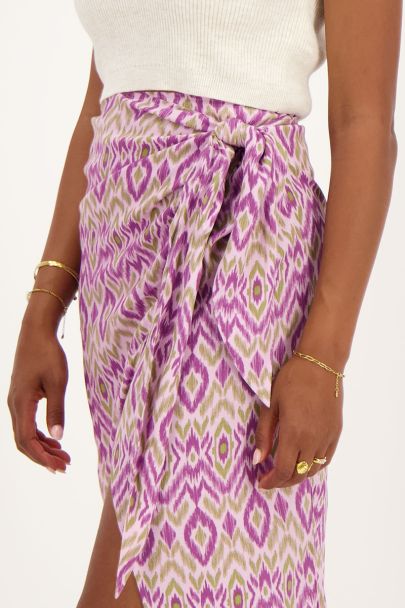 Paarse midi rok met overslag en aztec print