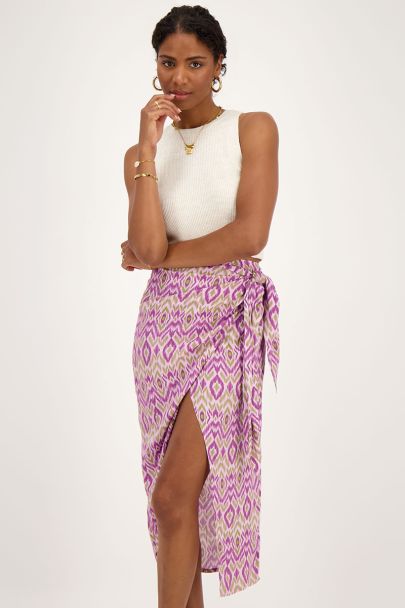 Paarse midi rok met overslag en aztec print