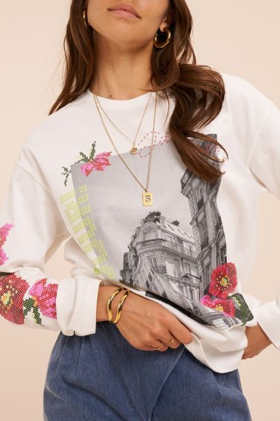 White long-sleeve with flowers 'Bonjour Paris'