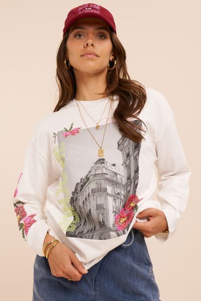 White long-sleeve with flowers 'Bonjour Paris'